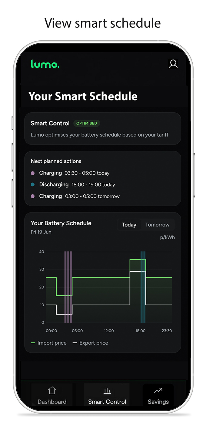 Lumo app, view smart schedule