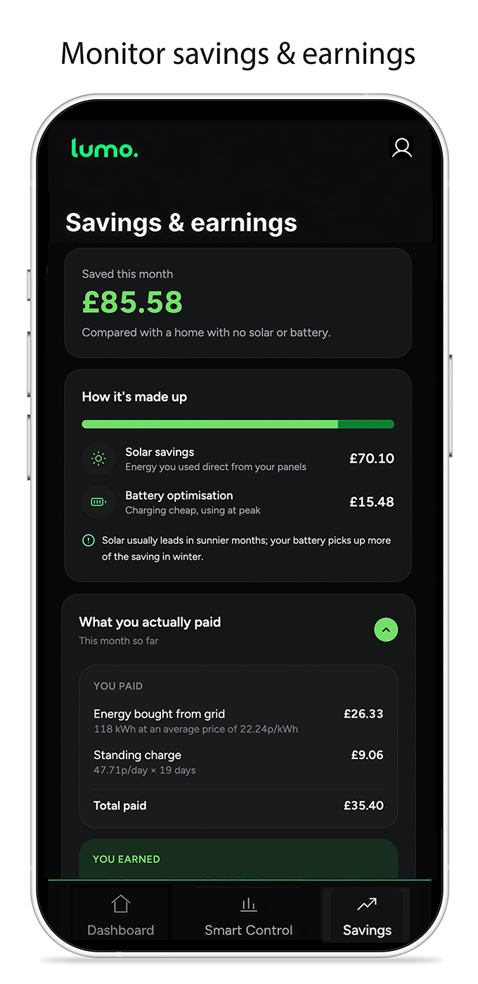 Lumo app, monitor savings and earnings